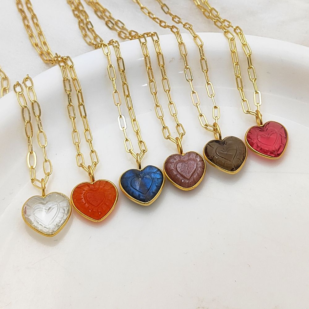 Delicate Pink Tourmaline Heart Necklace Gold Plated Paperclip Chain with Hand-Carved Gemstone Meaningful Jewelry Gift- Selling Per Piece