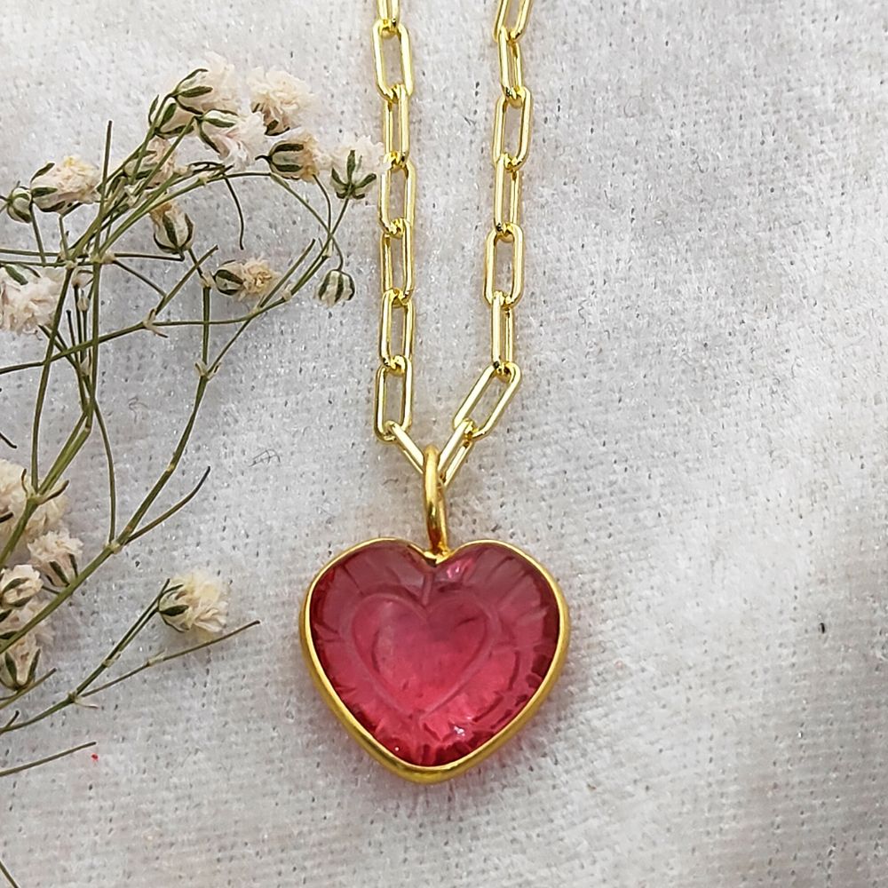 Delicate Pink Tourmaline Heart Necklace Gold Plated Paperclip Chain with Hand-Carved Gemstone Meaningful Jewelry Gift- Selling Per Piece
