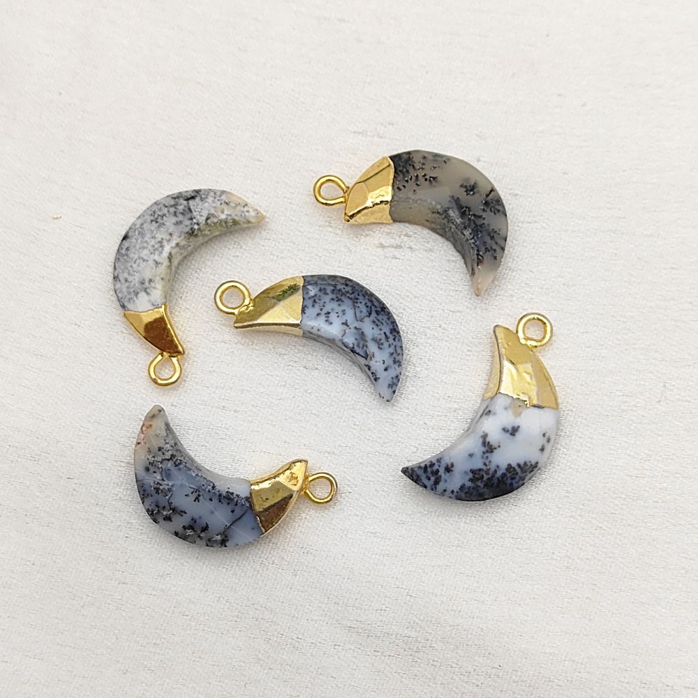 Dendritic Opal Moon Pendant – Gold Plated Half Crescent Charm for Custom Jewelry Making