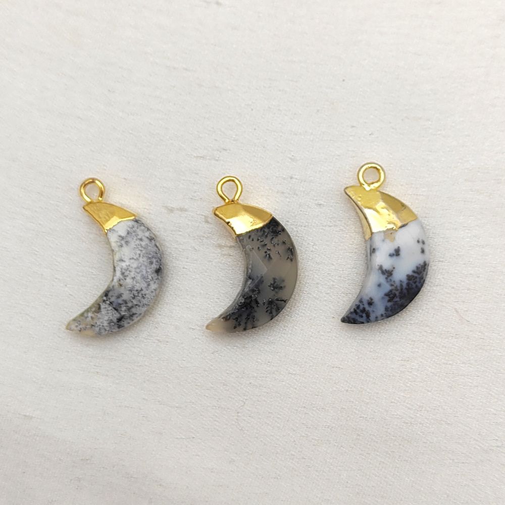 Gold Plated Dendritic Opal Half Crescent Pendant – Jewelry Making Charm for Earrings & Bracelets