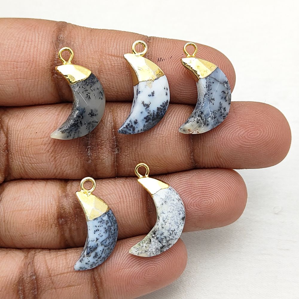 Dendritic Opal Crescent Moon Charm – Gold Plated Pendant for Bracelet & Earring Jewelry Projects