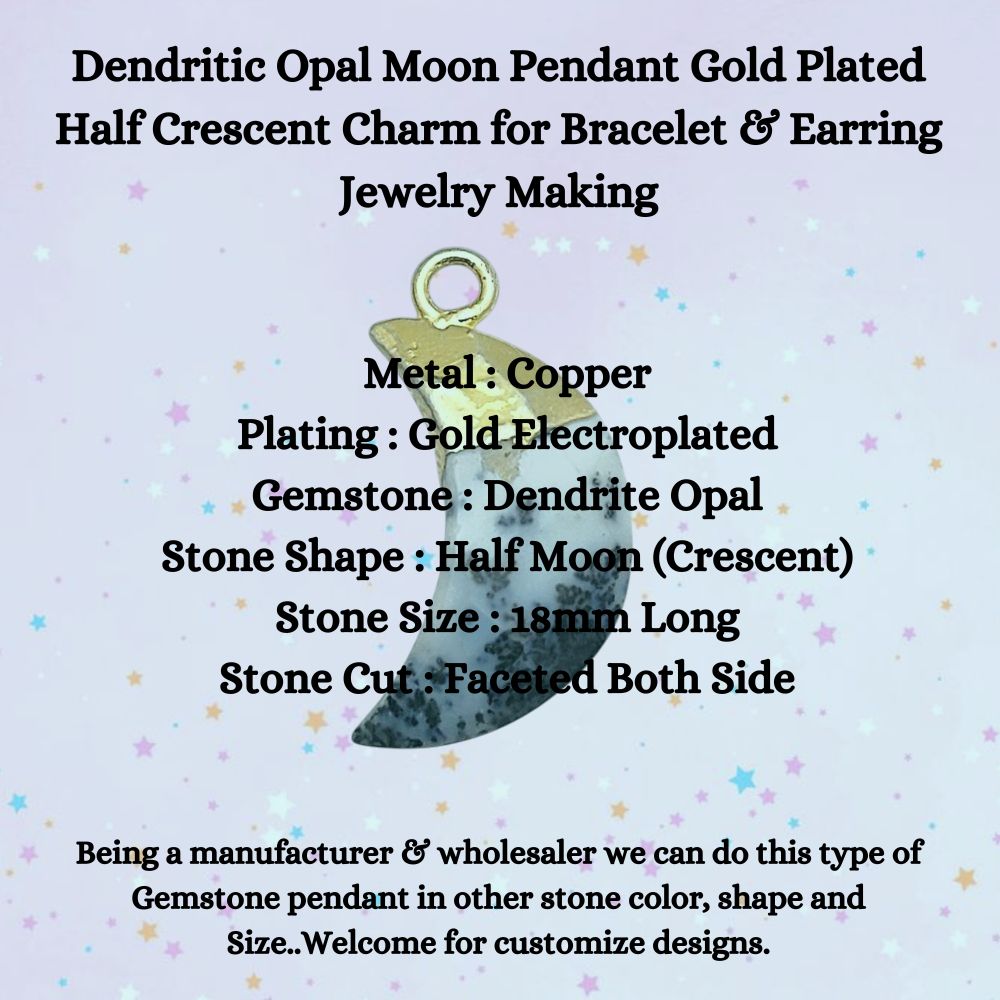 Dendritic Opal Half Moon Pendant – Gold Plated Charm for Bracelet & Earring Jewelry Creations