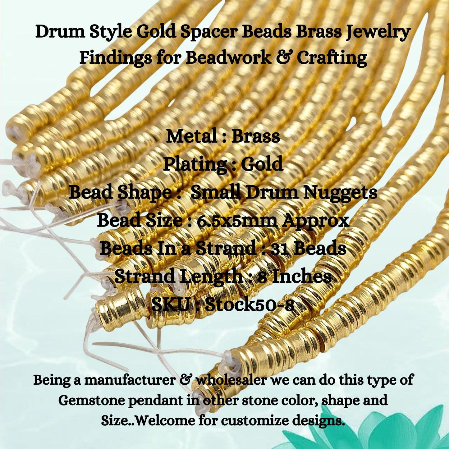 Close-up of brass drum shaped spacer beads with gold plating
