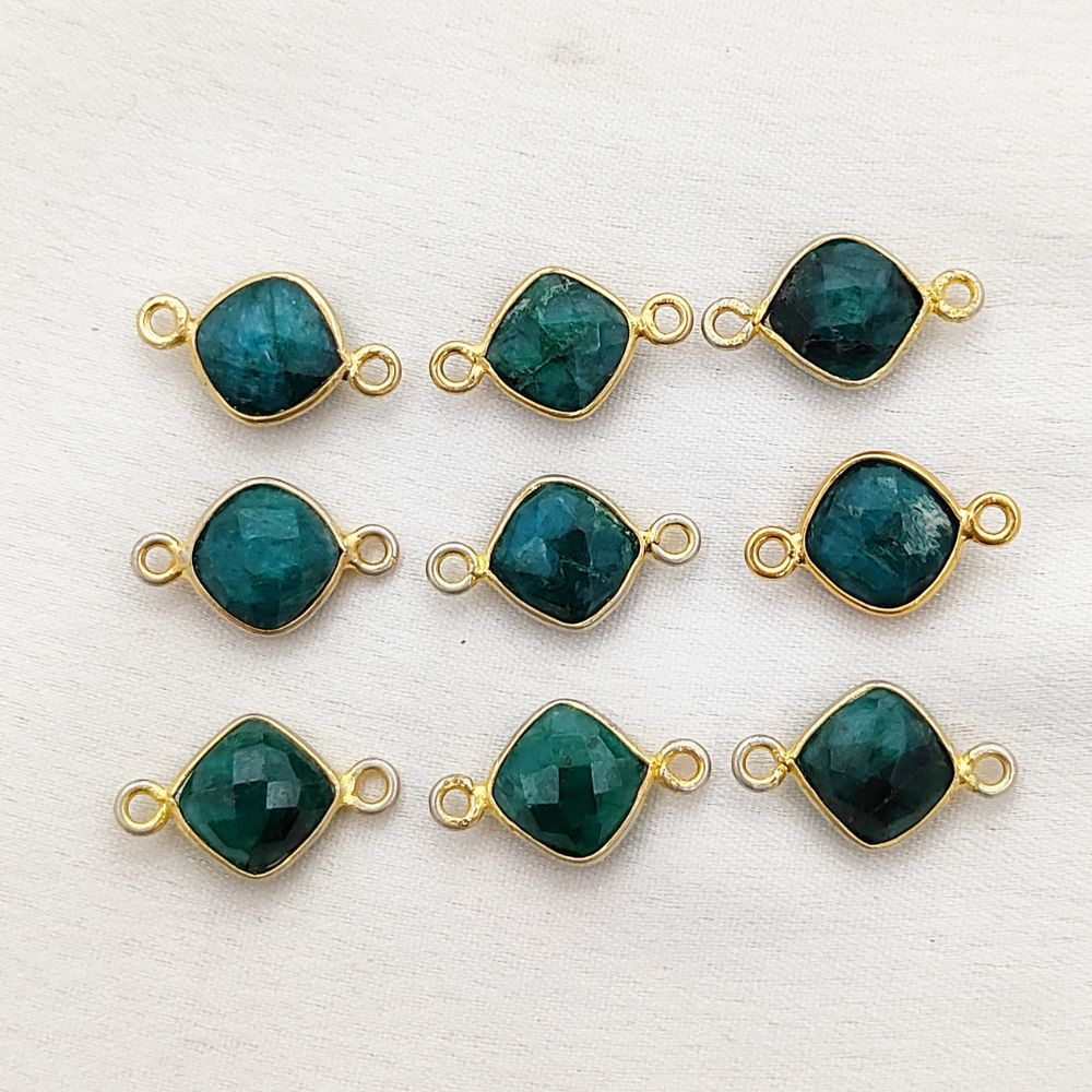 Dyed Emerald Cushion Gemstone Connector 8mm Gold Plated Bezel Faceted Stone Link for Handmade Jewelry- Selling Per Piece