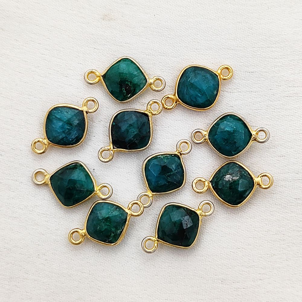 Dyed Emerald Cushion Gemstone Connector 8mm Gold Plated Bezel Faceted Stone Link for Handmade Jewelry- Selling Per Piece