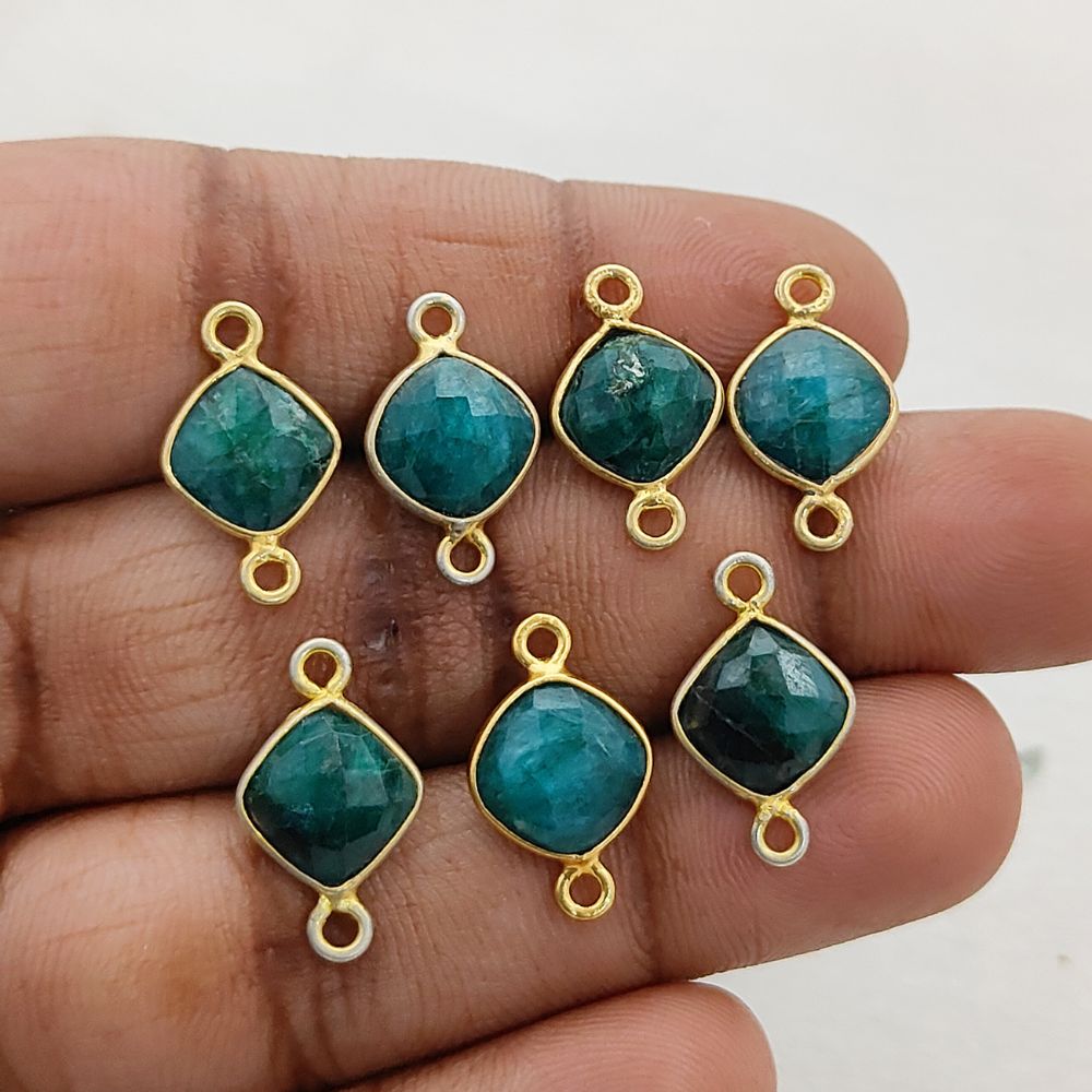 Dyed Emerald Cushion Gemstone Connector 8mm Gold Plated Bezel Faceted Stone Link for Handmade Jewelry- Selling Per Piece