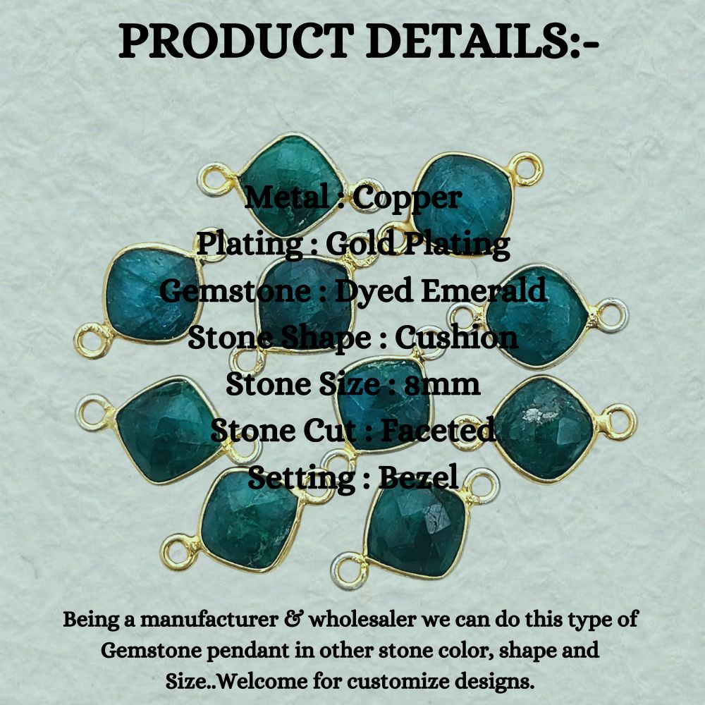 Dyed Emerald Cushion Gemstone Connector 8mm Gold Plated Bezel Faceted Stone Link for Handmade Jewelry- Selling Per Piece