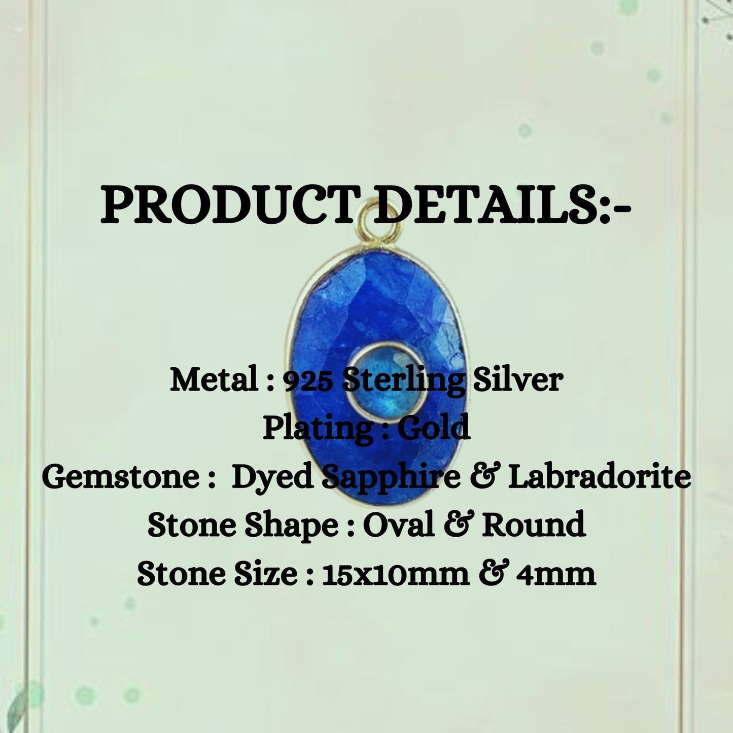 Dyed Blue Sapphire & 4mm Round Labradorite Double Gemstone Charms Pendant Gold Vermeil Handmade Jewelry- Selling Per Piece