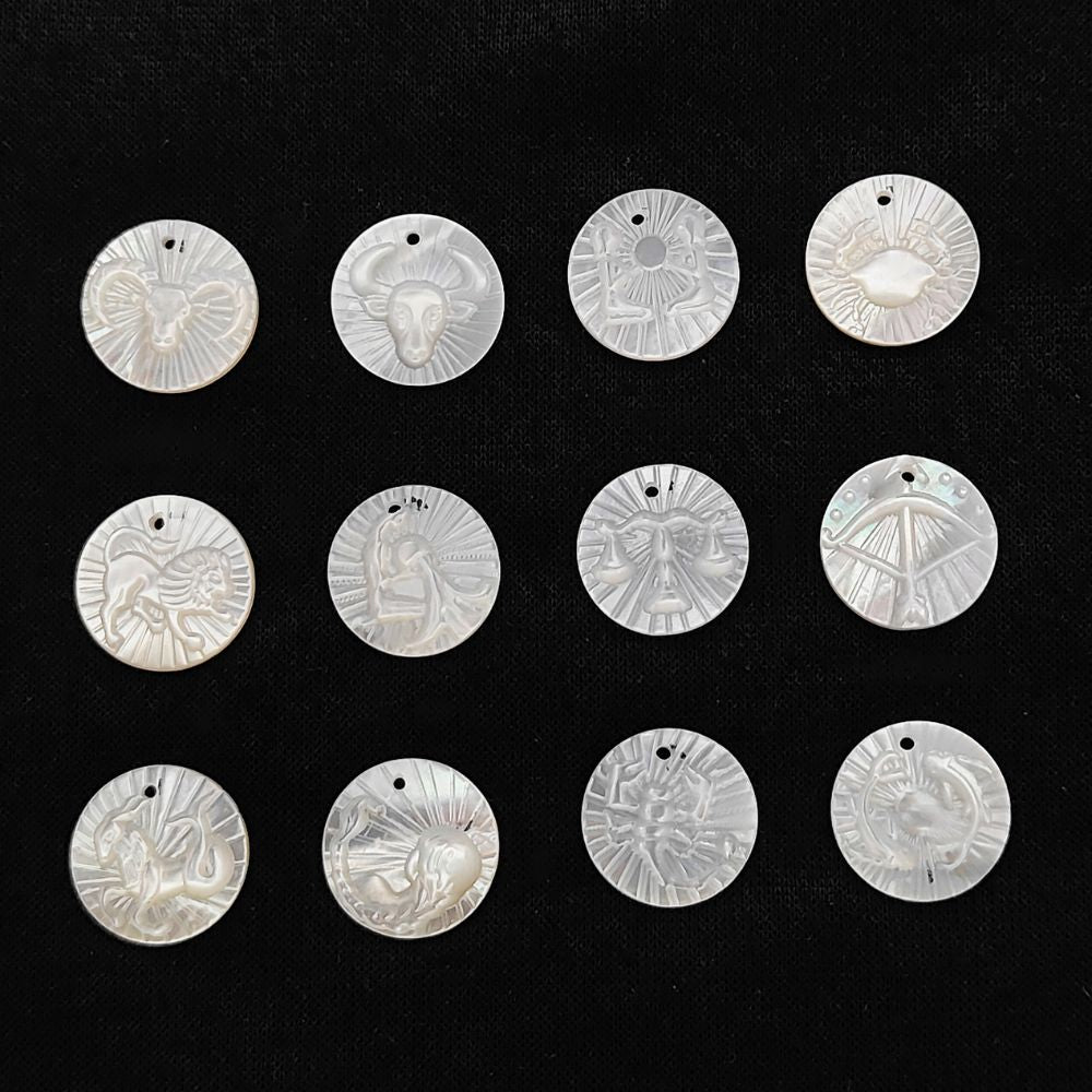 Elegant Virgo Horoscope Charm in Mother of Pearl Engraved Zodiac Coin Shell Disc for Handmade Jewelry- Selling Per Piece