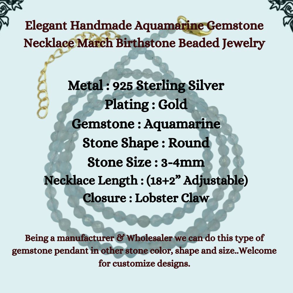 Elegant Handmade Aquamarine Gemstone Necklace March Birthstone Beaded Jewelry Gold Plated Silver Boho Statement Necklace (18+2 Inch Adjustable) – Selling/Piece