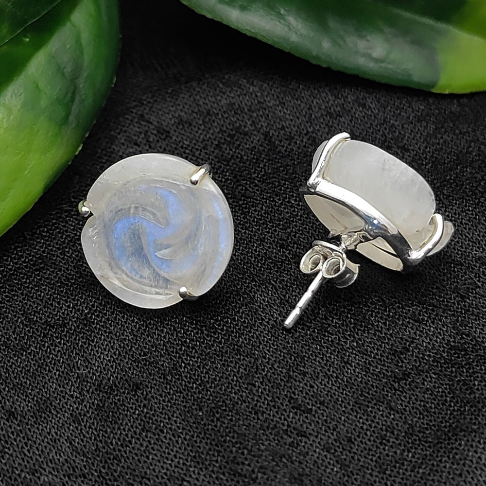 Rainbow Moonstone Floral Stud Earring – Handmade Rose Design in 925 Silver with Push Back (Per Piece)