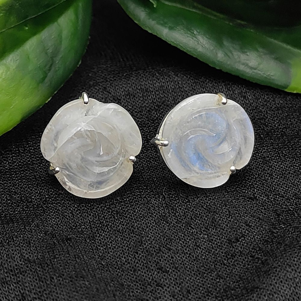 Elegant Rainbow Moonstone Rose Stud Earrings 925 Sterling Silver Handcarved Flower Studs with Push Back- Selling Per Pair