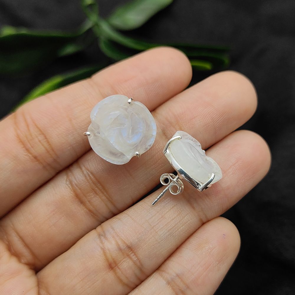 Elegant Rainbow Moonstone Rose Stud Earrings 925 Sterling Silver Handcarved Flower Studs with Push Back- Selling Per Pair