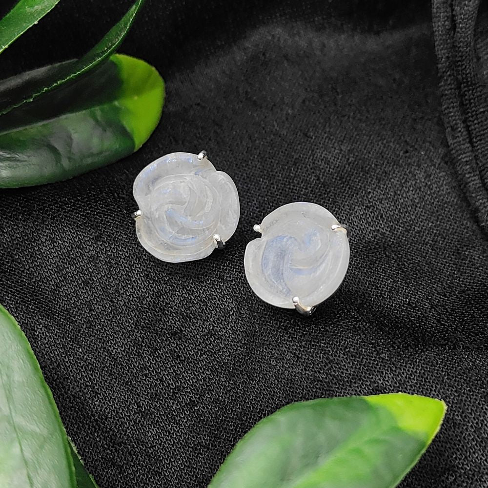Elegant Rainbow Moonstone Rose Stud Earrings 925 Sterling Silver Handcarved Flower Studs with Push Back- Selling Per Pair