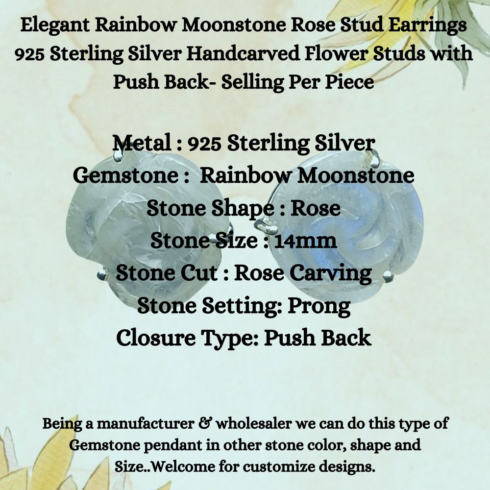 Handcrafted Rainbow Moonstone Rose Stud Earring – Sterling Silver Flower Design, Sold Individually