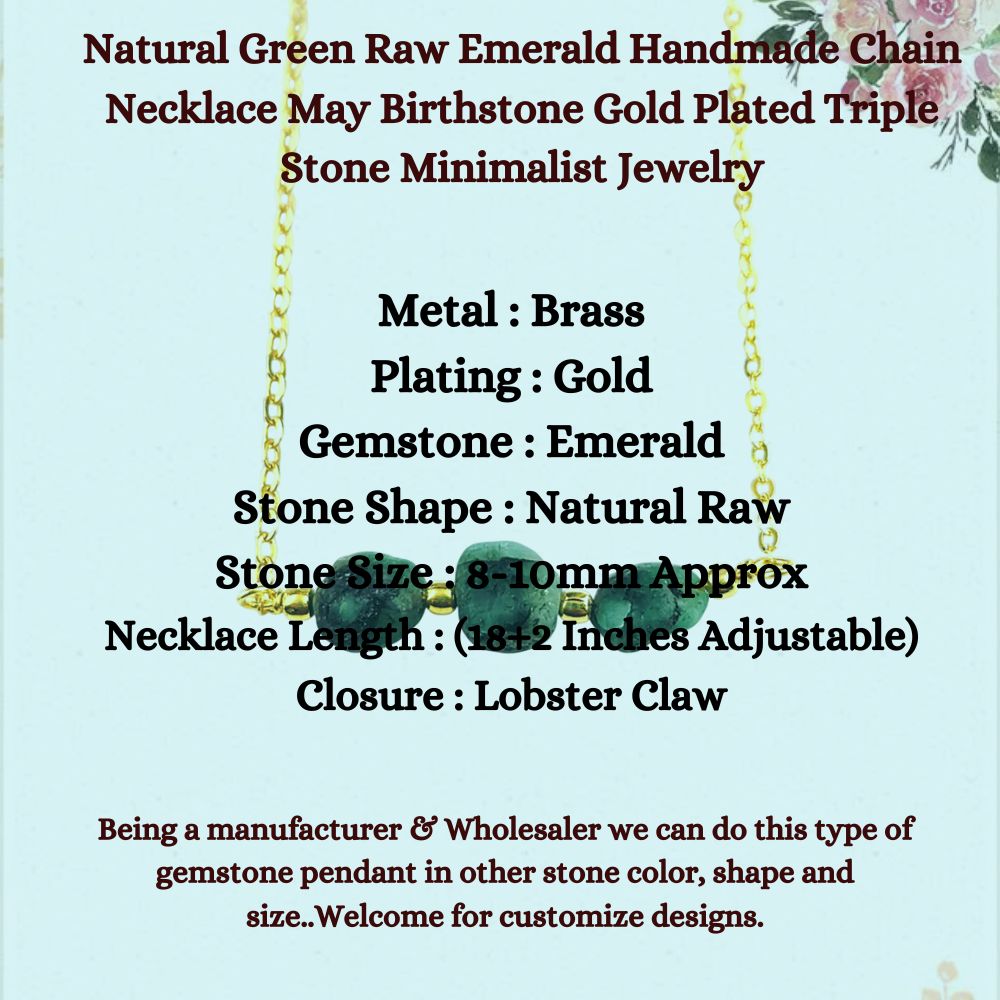 Natural Green Raw Emerald Handmade Chain Necklace May Birthstone Gold Plated Triple Stone Minimalist Jewelry- Selling Per Piece