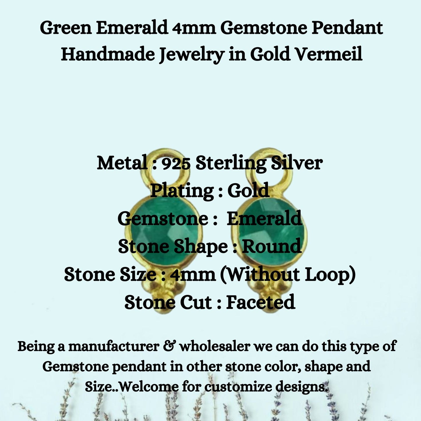 Green Emerald 4mm Gemstone Pendant Handmade Jewelry in Gold Vermeil