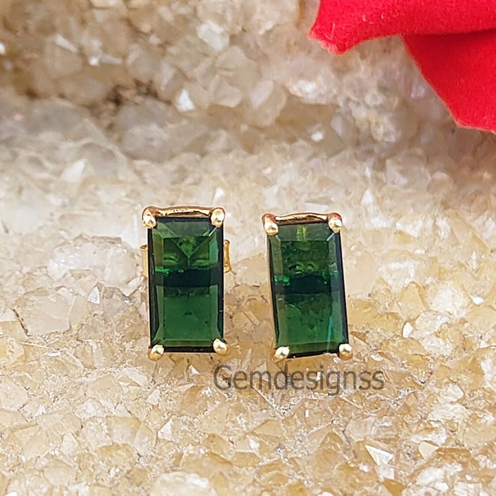 Dainty Green Emerald Baguette Stud Earrings