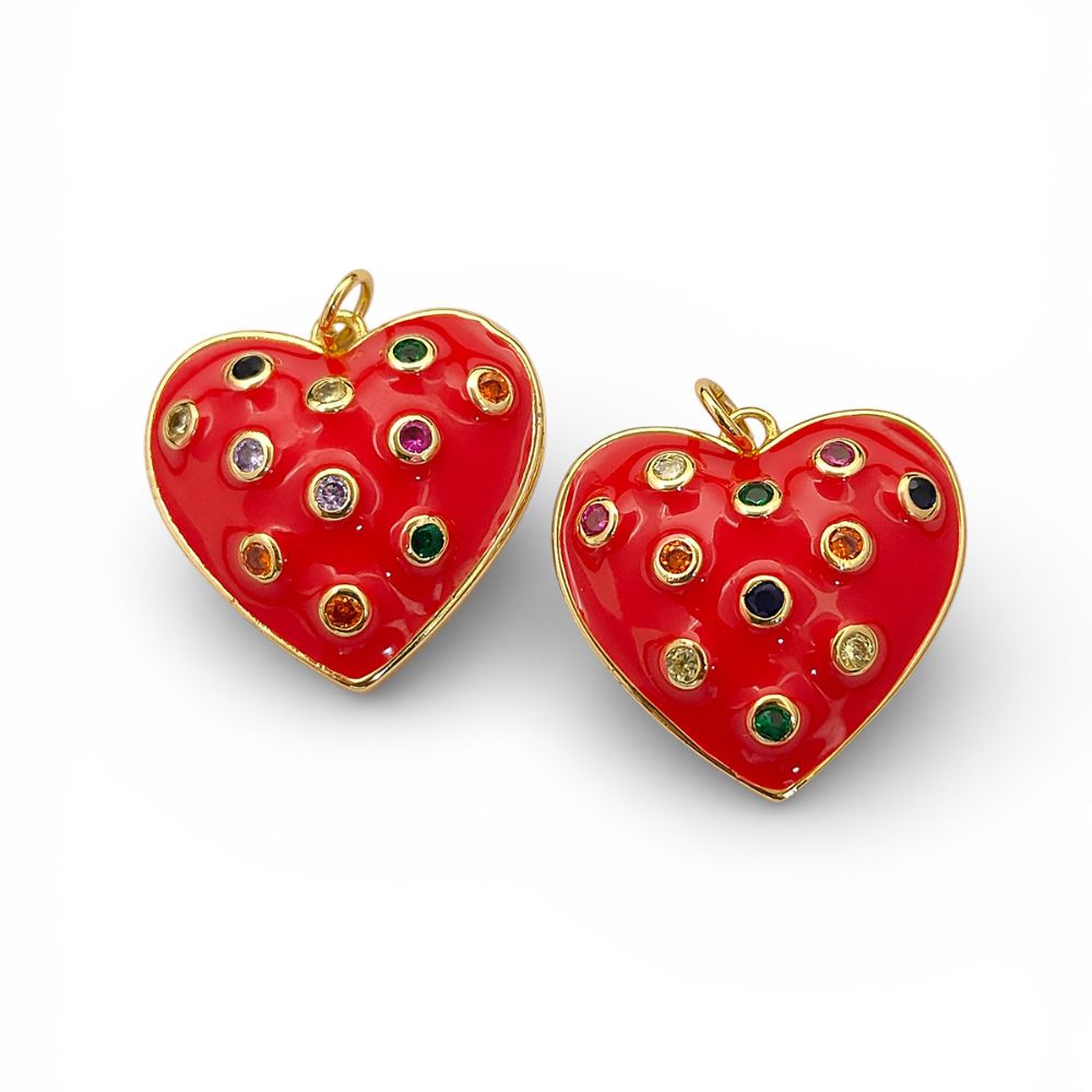 Handmade Red Bubble Heart Pendant with CZ Inlay, 18K Gold Plated Charm for DIY Necklaces & Bracelets- Selling Per Piece