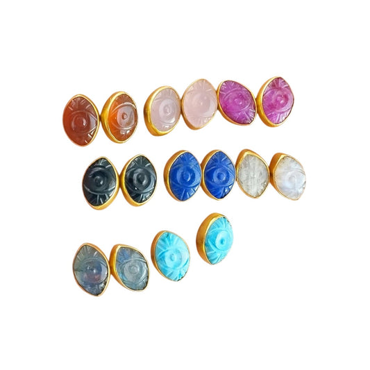 Marquise Lapis Lazuli Evil Eye Gemstone Stud Earrings Gold Vermeil Protective Boho Jewelry- Selling Per Pair