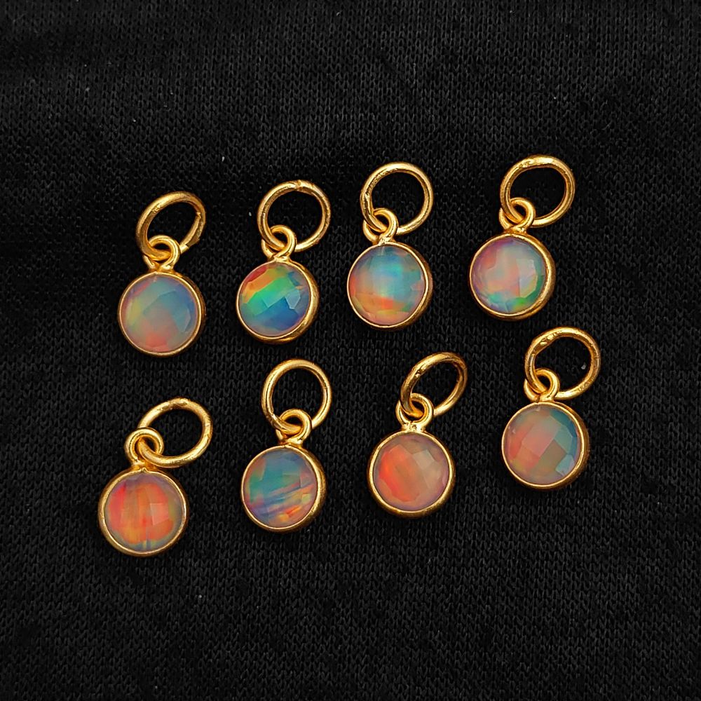 Faceted 6mm Round Opal Charm Pendant in Gold Plated 925 Sterling Silver Dainty Connector for Handmade Jewelry- Selling Per Piece