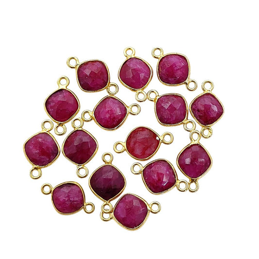 Faceted Dyed Ruby Connector 8mm Gold Plated Cushion Cut Bezel Charm for DIY Earrings, Necklaces & Bracelets- Selling Per Piece