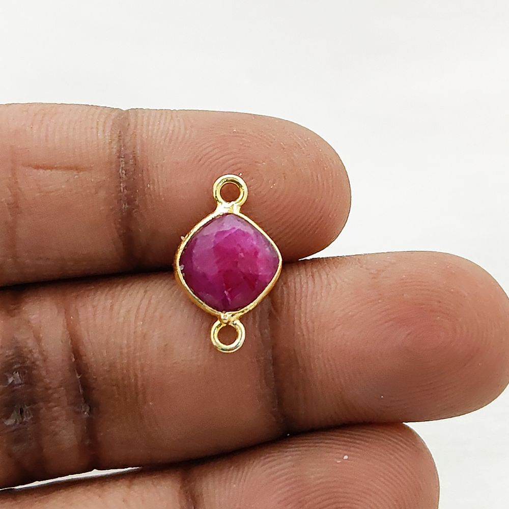 Faceted Dyed Ruby Connector 8mm Gold Plated Cushion Cut Bezel Charm for DIY Earrings, Necklaces & Bracelets- Selling Per Piece