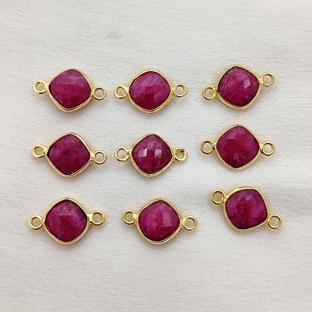 Faceted Dyed Ruby Connector 8mm Gold Plated Cushion Cut Bezel Charm for DIY Earrings, Necklaces & Bracelets- Selling Per Piece