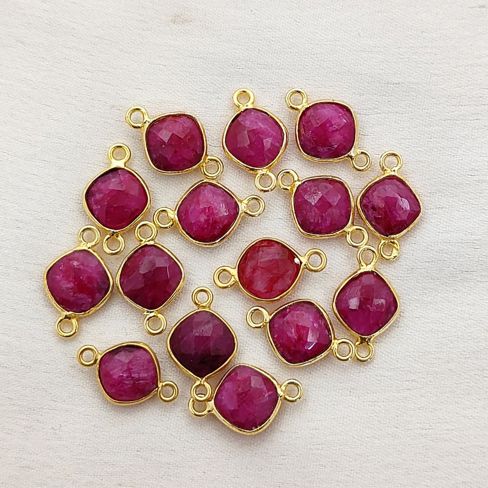 Faceted Dyed Ruby Connector 8mm Gold Plated Cushion Cut Bezel Charm for DIY Earrings, Necklaces & Bracelets- Selling Per Piece