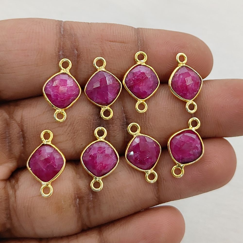 Faceted Dyed Ruby Connector 8mm Gold Plated Cushion Cut Bezel Charm for DIY Earrings, Necklaces & Bracelets- Selling Per Piece