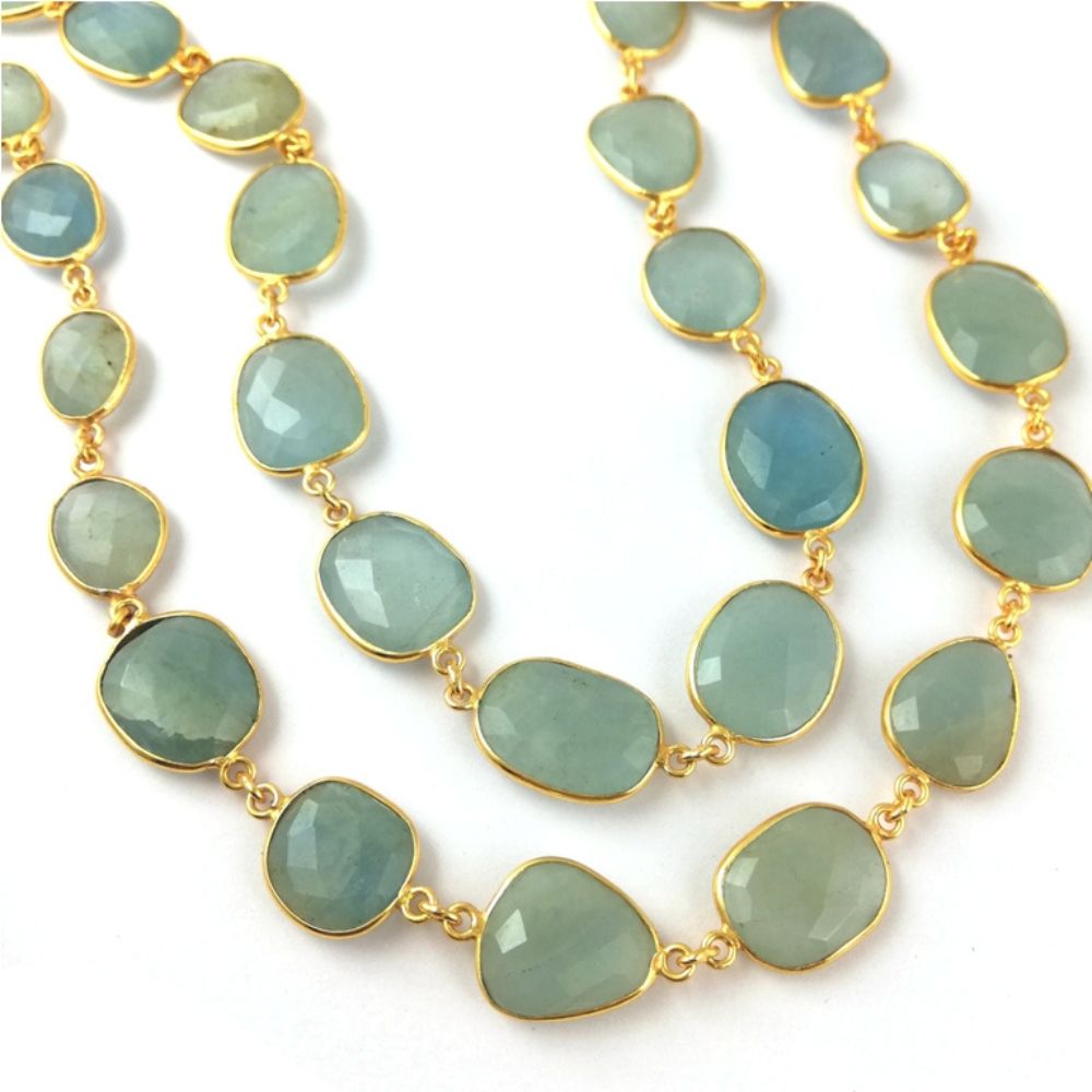Faceted Aquamarine Bezel Chain Handmade Gold Plated Gemstone Connector-Selling per Foot for DIY Jewelry