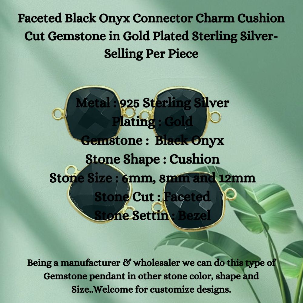Black onyx gemstone bezel charm gold plated sterling silver connector handmade