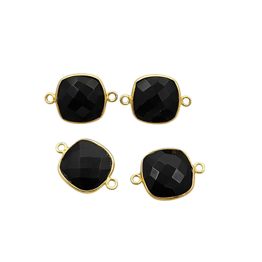 Faceted black onyx cushion cut connector charm in gold plated sterling silver