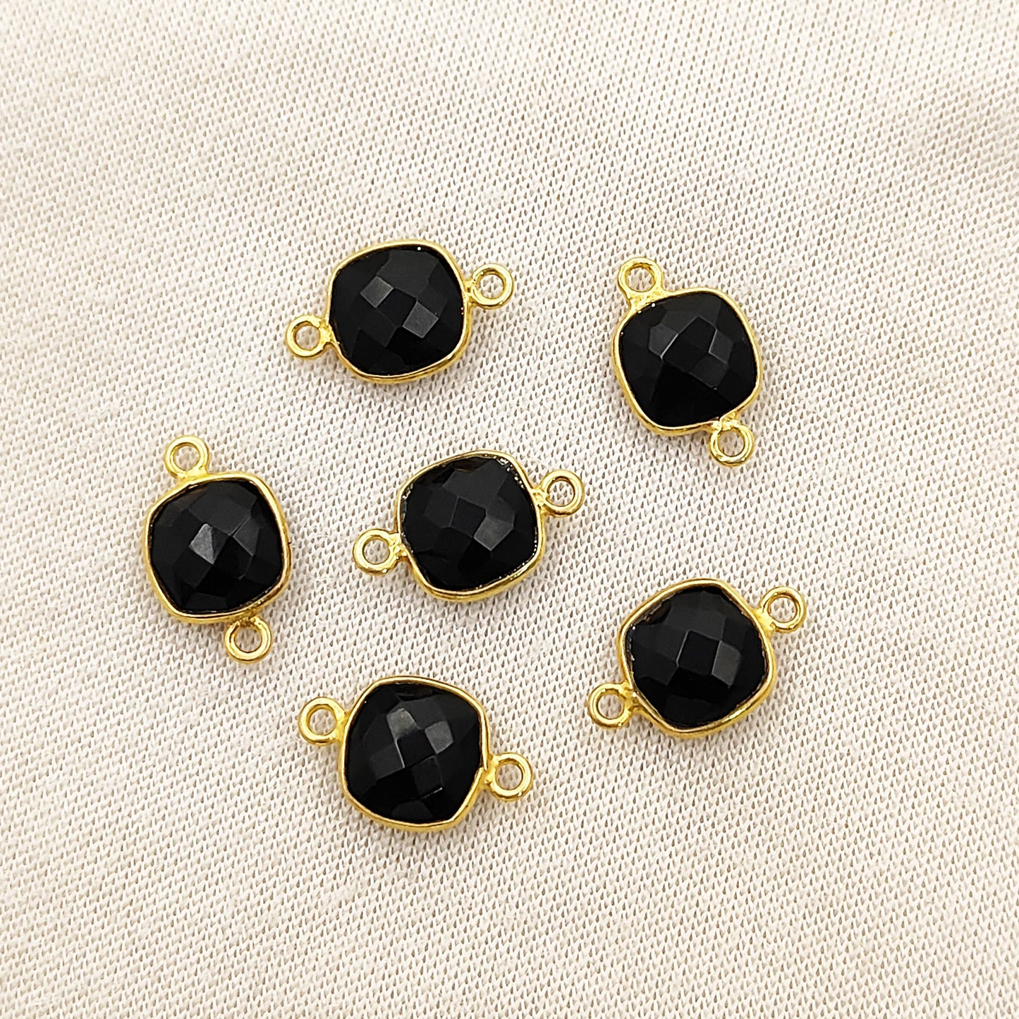 Faceted Black Onyx Connector Charm Cushion Cut Gemstone in Gold Plated Sterling Silver-Selling Per Piece