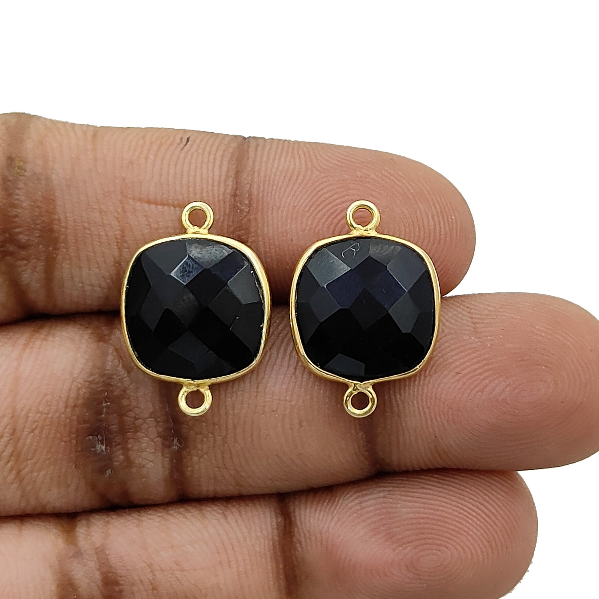 Cushion cut faceted black onyx jewelry connector charm gold plated silver