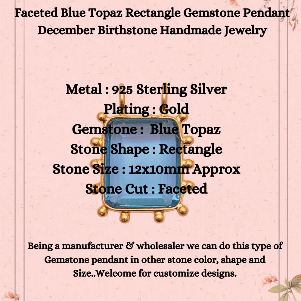 Handmade Blue Topaz Rectangle Pendant – December Birthstone Jewelry for Necklace