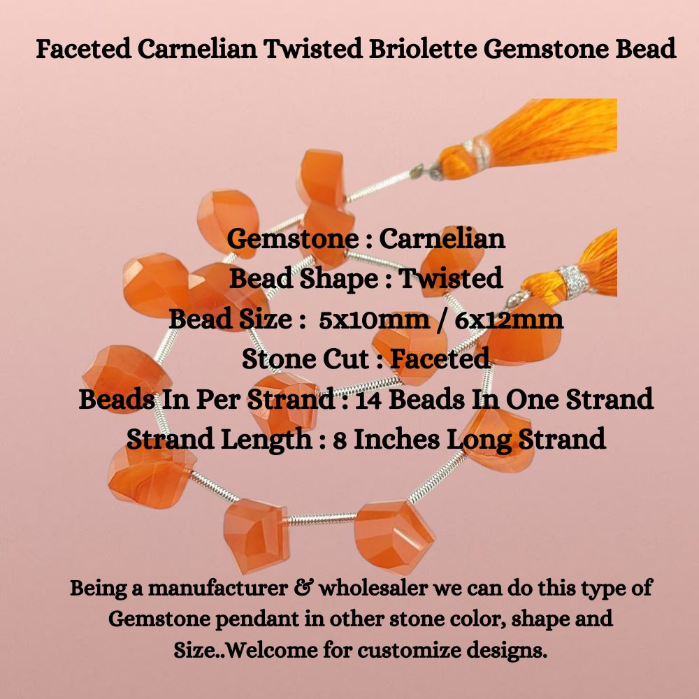 Faceted Carnelian Twisted Briolette Gemstone Bead
