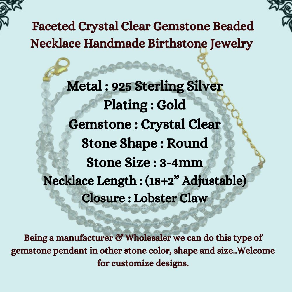 Faceted Crystal Clear Gemstone Beaded Necklace Handmade Birthstone Jewelry Gold Plated Sterling Silver Boho Statement Necklace (18+2 Inch Adjustable Chain) – Selling/Piece
