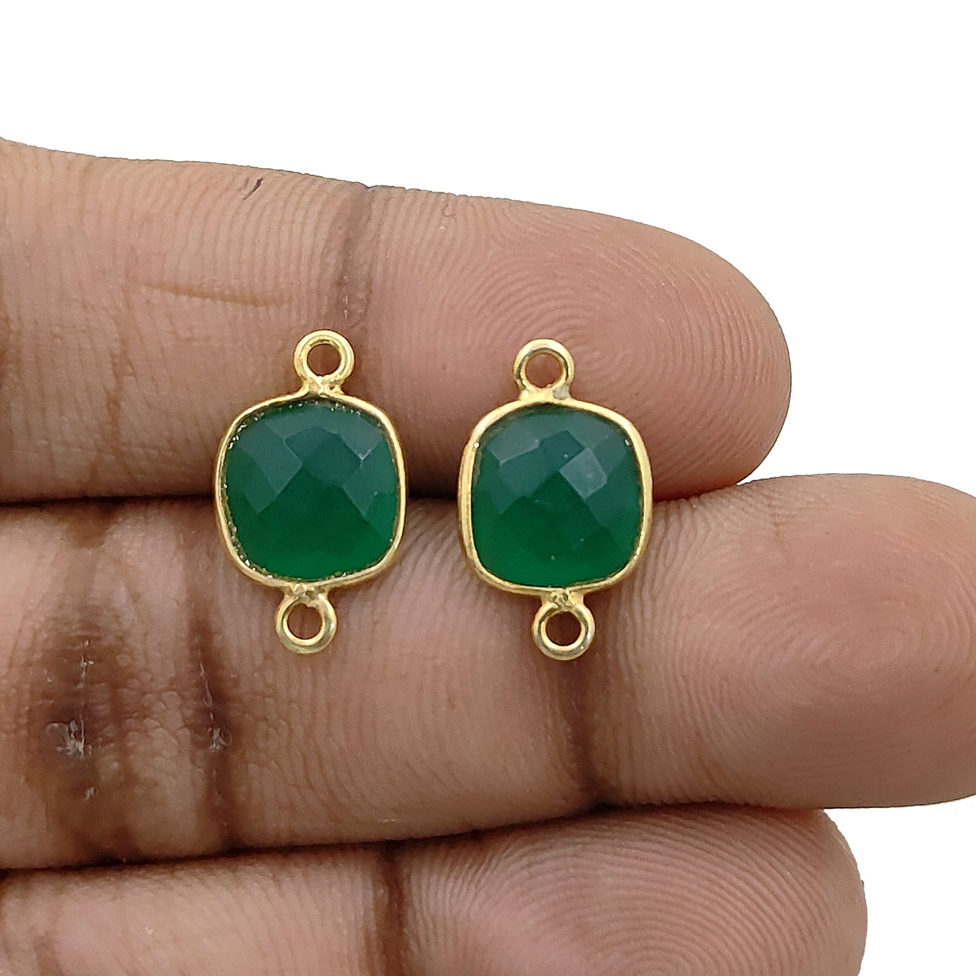 Cushion cut faceted green onyx bezel charm gold plated sterling silver jewelry