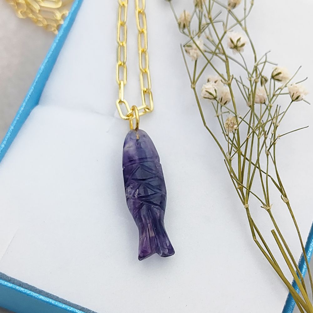 Fluorite Gemstone Fish Necklace Hand-Carved Bohemian Pendant on Elegant Gold Paperclip Chain- Selling Per Piece