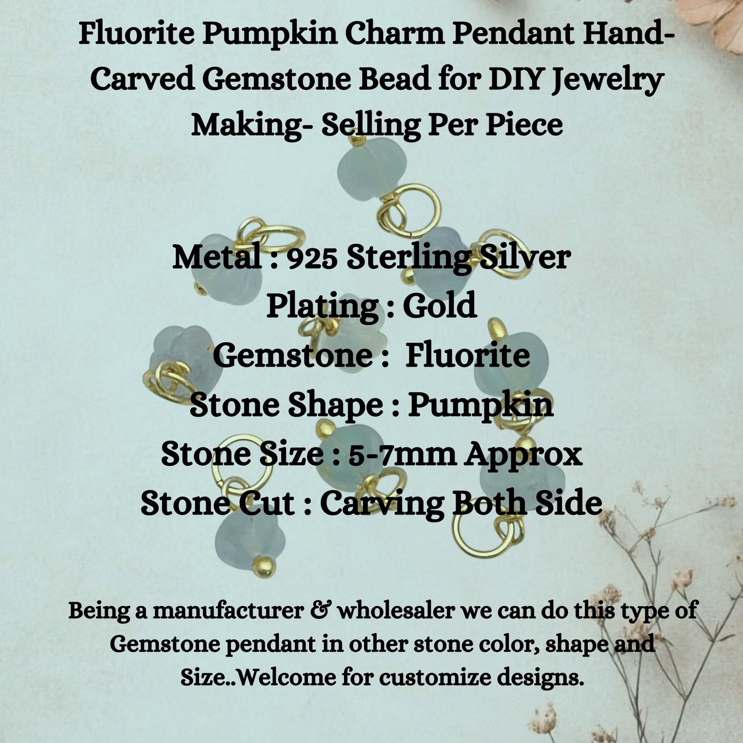 Fluorite Pumpkin Charm Pendant Hand-Carved Gemstone Bead for DIY Jewelry Making- Selling Per Piece