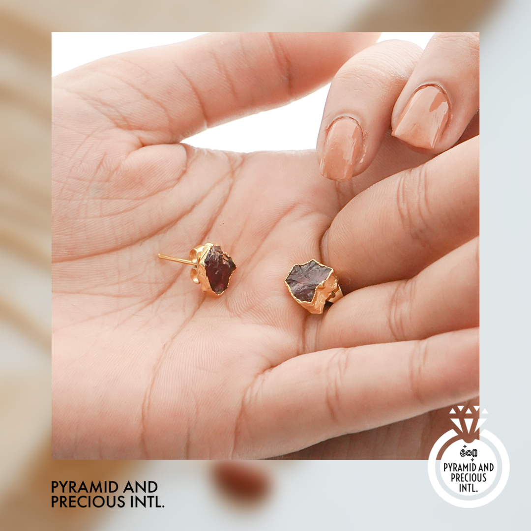 Handmade Raw Gemstone Stud Earrings Gold Electroplated All Birthstone Rough Stone Studs Jewelry For Her- Selling Per Piece