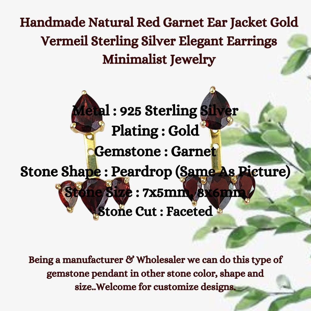 Handmade Natural Red Garnet Ear Jacket Gold Vermeil Sterling Silver Elegant Earrings Minimalist Jewelry for Her- Selling/Pair