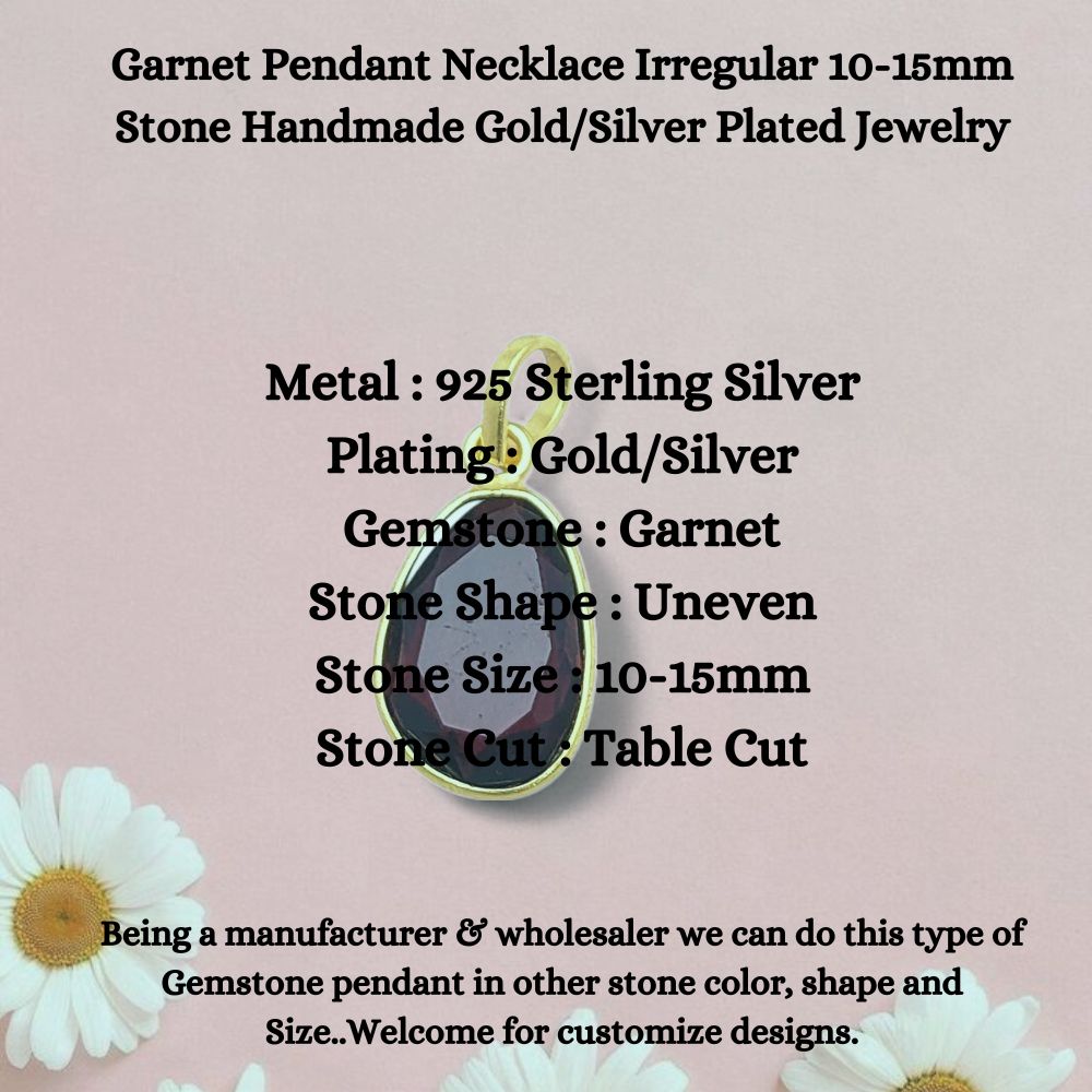 Garnet Pendant Necklace Irregular 10-15mm Stone Handmade Gold/Silver Plated Jewelry
