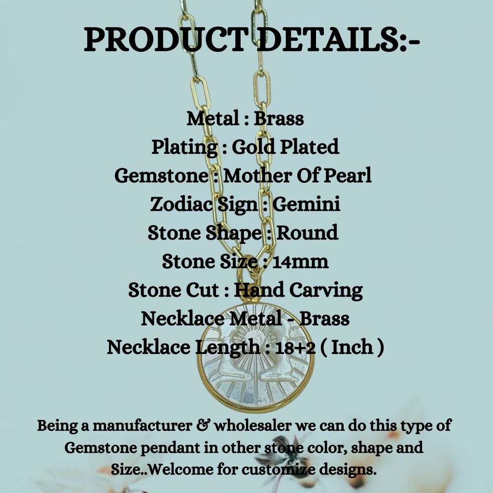 Gemini Star Sign Necklace with Mother of Pearl Pendant with Gold Plated Paperclip Chain Astrology Jewelry Gift for Women- Selling Per Piece