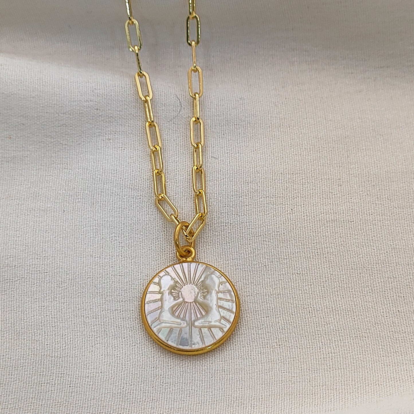 Gemini Star Sign Necklace with Mother of Pearl Pendant with Gold Plated Paperclip Chain Astrology Jewelry Gift for Women- Selling Per Piece