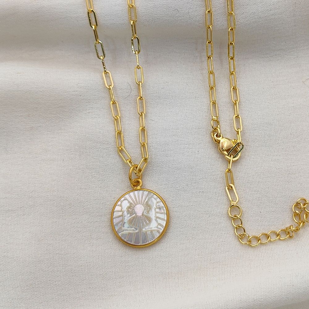 Mother of Pearl Zodiac Pendant for Necklace Gold Plated Astrology Sign Charm on Paperclip Chain Horoscope Jewelry Gift- Selling Per Piece