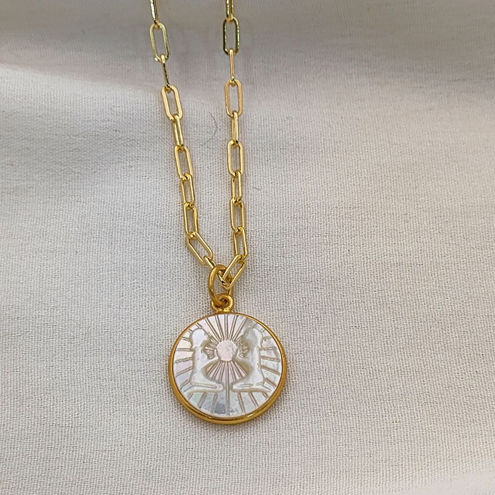 Mother of Pearl Zodiac Pendant for Necklace Gold Plated Astrology Sign Charm on Paperclip Chain Horoscope Jewelry Gift- Selling Per Piece