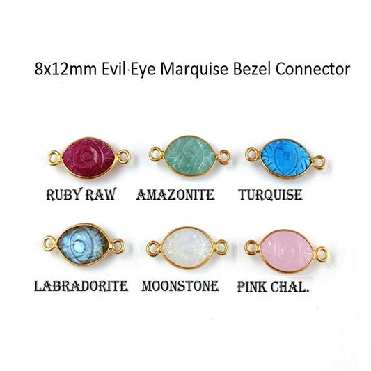 12x8mm Marquise Shape Evil Eye Carved Connector Gold Vermeil Multi Gemstone Connector For Jewelry Making- Selling/Piece