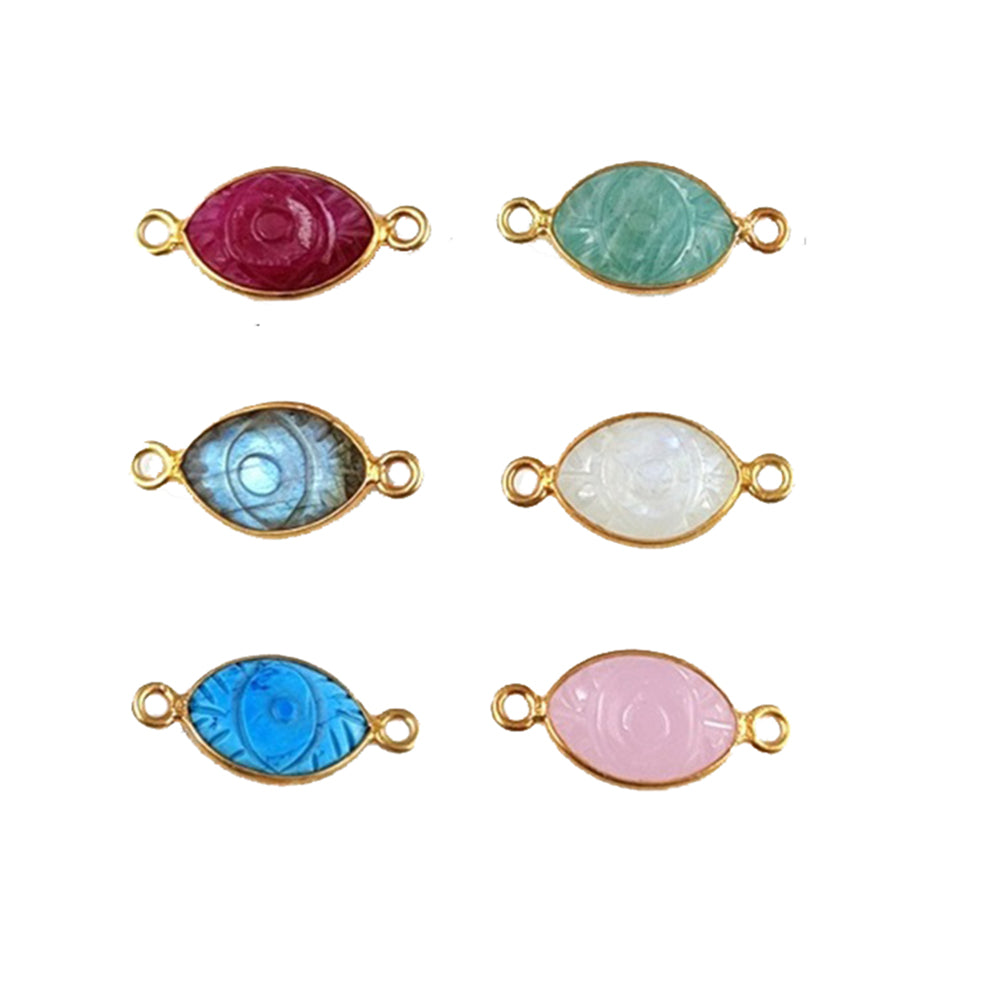Handmade Pink Chalcedony Evil Eye Connector Gold Plated Carved Charm Bezel Set Jewelry Connectors- Selling/Piece
